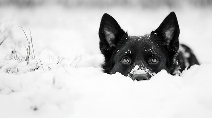 Obraz premium A black german shepherd dog's curious face peeks from a snowdrift, its expressive eyes gazing intently. The monochrome image captures a winter scene with delicate snow details on the : Generative AI