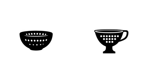 Flat black icons representing a colander and a cup in minimalist design suitable for kitchen or cooking themes