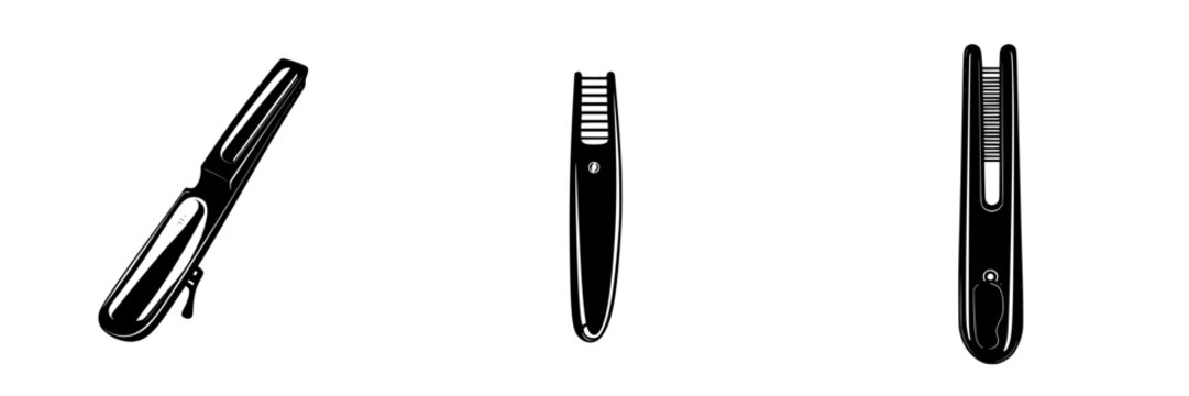 Flat black icon collection featuring various hair styling tools for personal grooming and hair maintenance