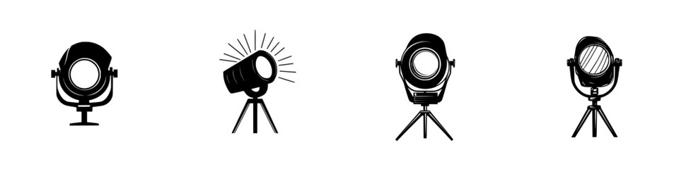 Stylized flat black icons of various spotlight designs suitable for creative projects and digital graphics