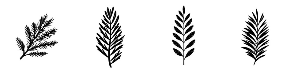 Flat black icons of various leaf shapes arranged in a row depicting different types of foliage and plant arrangements for design purposes