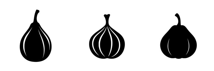 Black icon set of three distinct, stylized shapes resembling fruits or vegetables for digital design and graphic use