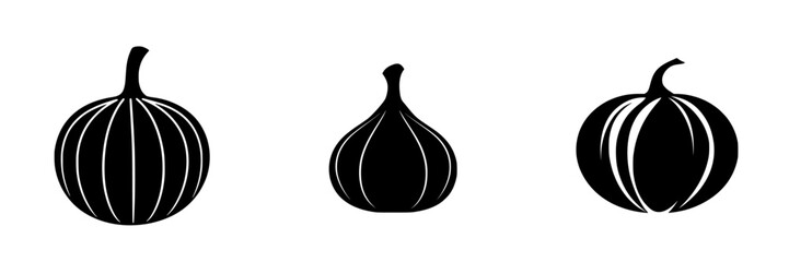 Black flat icon set featuring stylized pumpkins in various shapes suitable for autumn themes and design projects