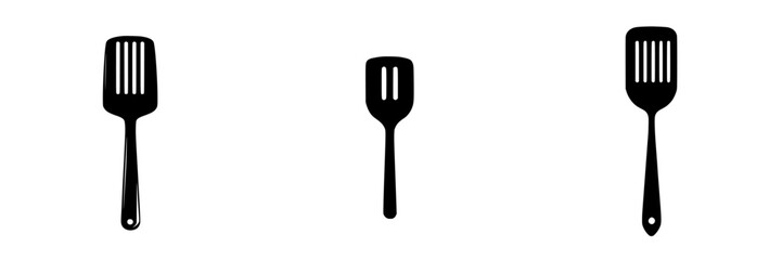 Three flat black spatula icons with different sizes arranged in a row for cooking or kitchen design purposes