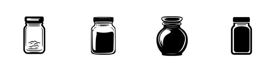 Flat black icons representing various types of jars showcasing distinct shapes and sizes suitable for design projects or illustrations