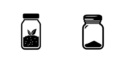 Black icon showcasing two jars, one filled with soil and a sprouting plant, the other containing fine particles, representing gardening and growth