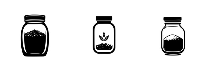 Flat black icons of jars with various contents showcasing different designs and styles for creative projects or illustrations
