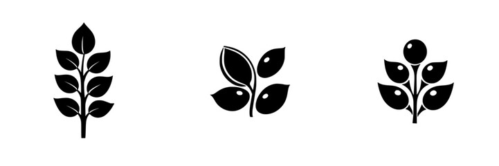 Flat black icons representing different types of leaves suitable for nature-themed designs or eco-friendly projects
