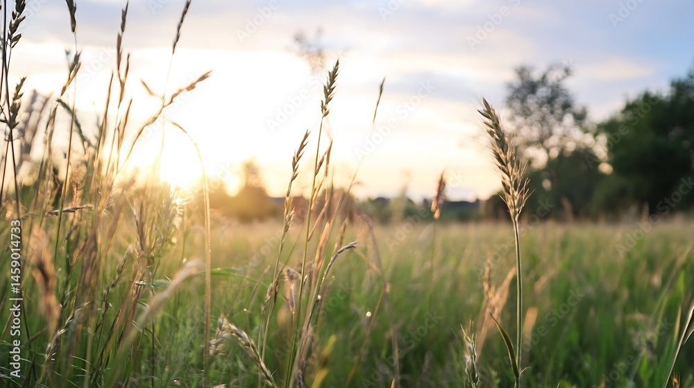 Aufkleber golden hour sunlight illuminates tall grass blades in a summer meadow, creating a warm and peaceful 