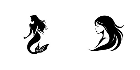Elegant flat black silhouette icons of a mermaid and a woman with flowing hair for design and branding purposes