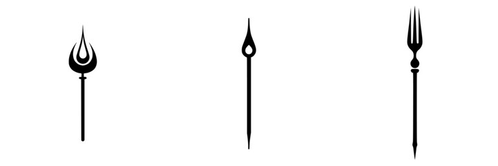 Flat black icons representing various types of pointed tools or utensils designed for different purposes and activities