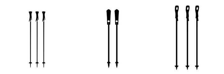 Three pairs of flat black skiing poles arranged in a minimalistic style showcasing their design and features