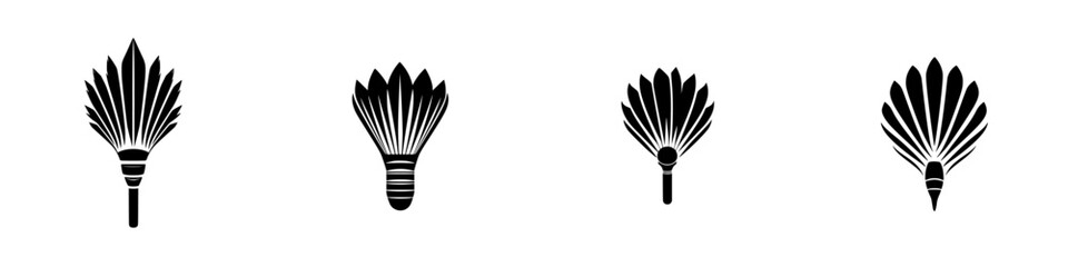 Flat black icons representing shuttlecocks arranged in a row with distinct designs showcasing variations in shape and style