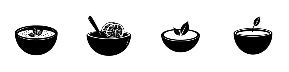 Various flat black bowl icons representing different ingredients in a minimalist style for design purposes