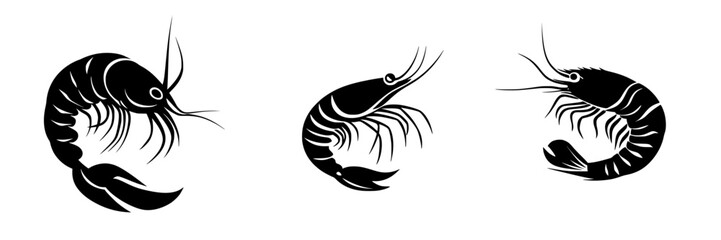 Flat black shrimp icons depicting various poses for use in graphic design or culinary illustrations