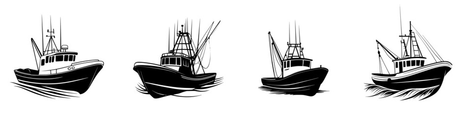 Collection of flat black boat icons showcasing various fishing vessels in motion across water