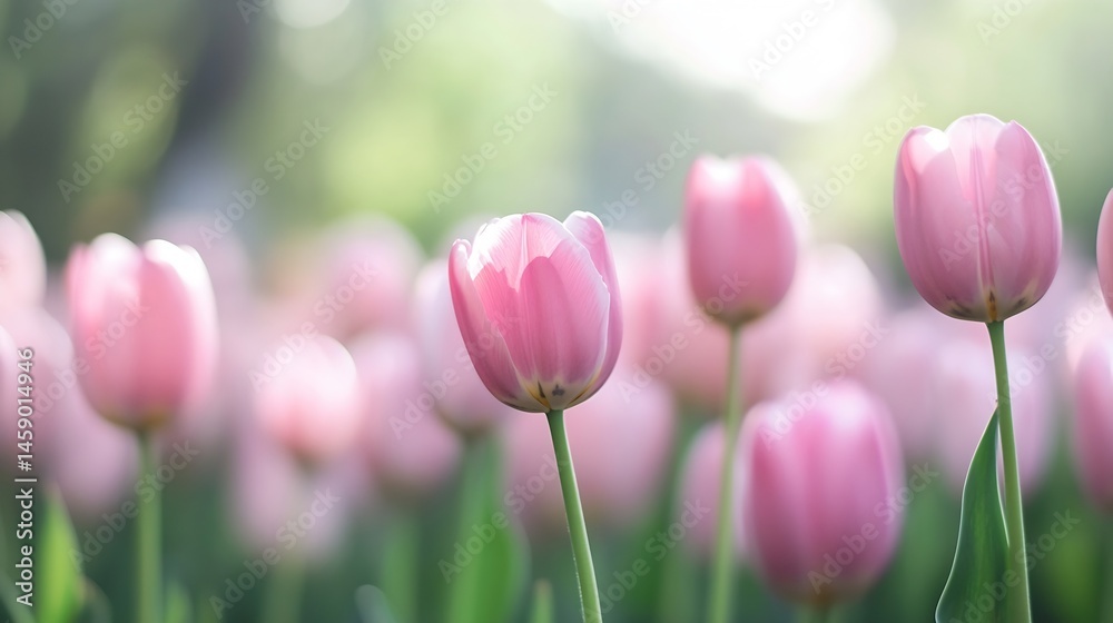 Poster soft pink tulips in a sunlit garden, delicate petals and gentle bokeh background, creating a serene 