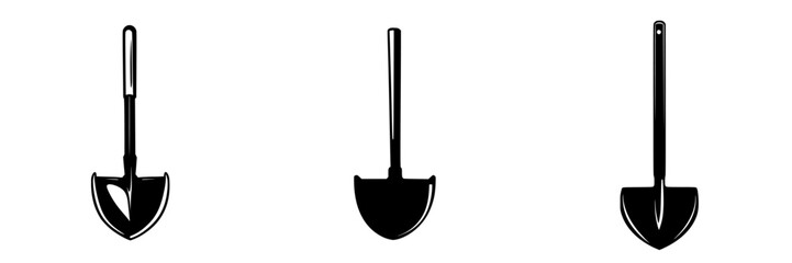 Flat black icon of garden shovels, useful for landscaping and gardening tasks, showcasing different designs and functionalities