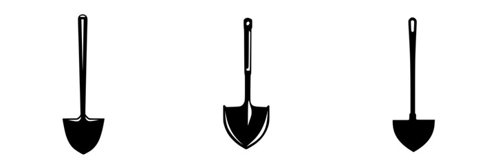 Black flat icon of shovels representing various styles for digging, gardening, or construction tasks, suitable for design and illustration projects