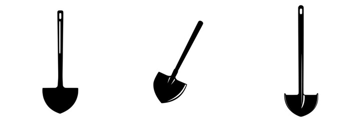 Various flat black shovel icons illustrating different styles and designs for utility and gardening purposes