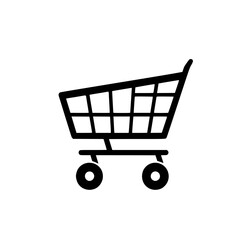 Flat black icon representing a shopping cart for online commerce and retail applications