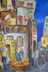 Genre painting oil brush strokes texture on canvas surface. Mediterranean small town people life. Orange seller and walking gentlemen in top hats.