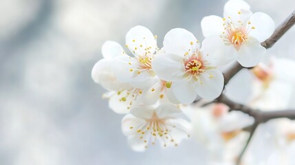 Close-up of delicate white plum blossoms on a branch, showcasing their intricate details and soft pastel hues against a blurred background. : Generative AI