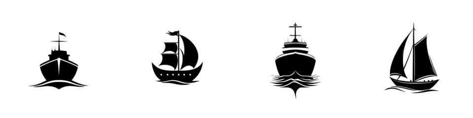 Four distinct flat black ship icons showcasing various maritime vessels in a minimalist style