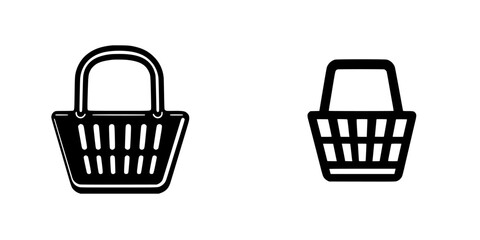 Flat black icons of shopping baskets representing various styles and designs in minimalistic art