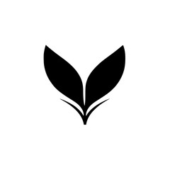 Modern flat black icon depicting a stylized leaf design representing nature and growth in minimalist graphic style
