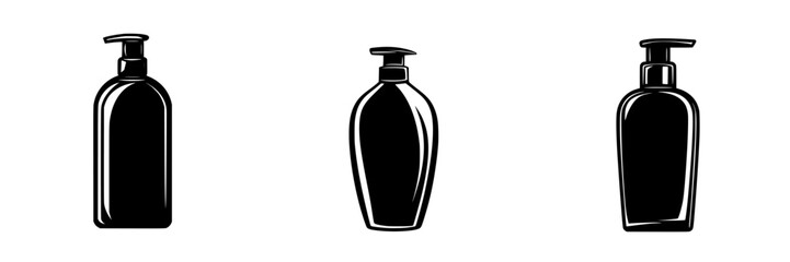 Flat black icon set of three different styles of pump bottles for personal care products