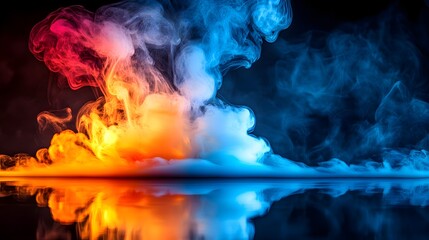 Fototapeta premium Color Fusion: A mesmerizing dance of fire and ice, where the warm embrace of vibrant orange merges with the cool allure of serene blue. The abstract creation reflects in water.