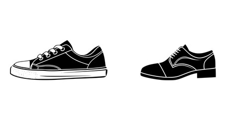 Flat black icons of a casual sneaker and a dress shoe depicted side by side on a clean background