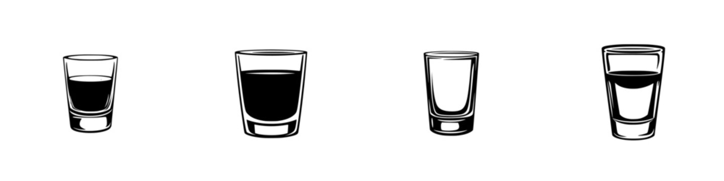 Flat black icon set of various drinking glasses showcasing different styles and shapes