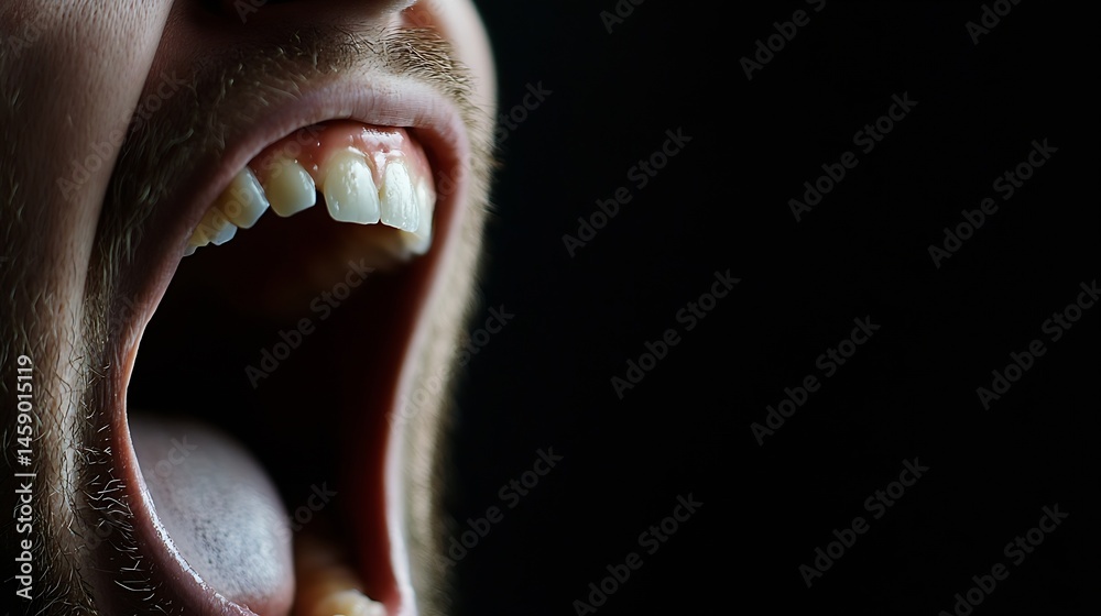 Poster close-up of a man's open mouth, revealing teeth and tongue, against a dark background. the image emp