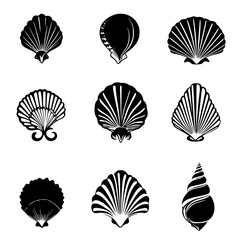 Set of flat black icons depicting various shell shapes showcasing marine life diversity in a minimalist design for visual projects