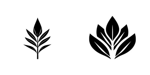 Decorative flat black icons of stylized leaves representing nature and growth in minimalist design