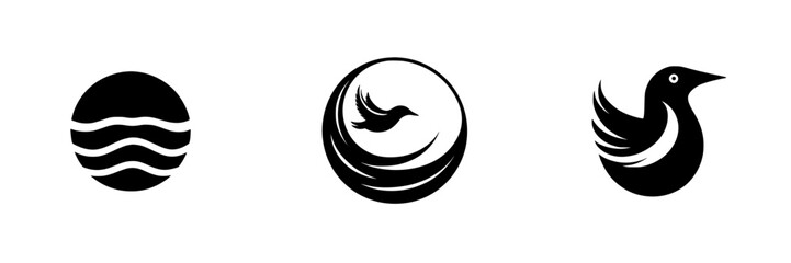 Flat black icons representing water, flight, and nature in modern design style