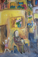 Leisure senior woman grandmother and baby grandchild. Sunny street in small town. Genre painting oil brush strokes texture on canvas surface.