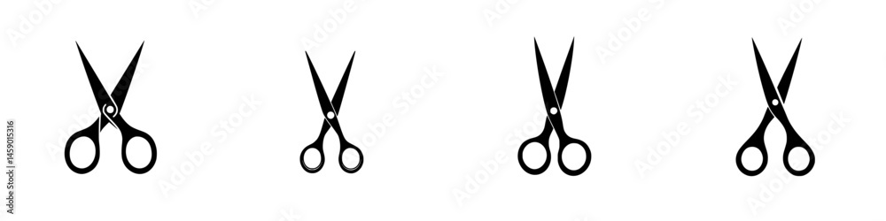 Poster flat black scissors icons displayed in various sizes for design and creative projects