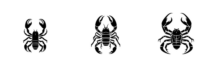 Stylized flat black scorpion icons representing different perspectives and designs for graphic use