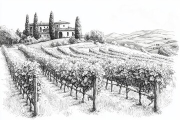 Tuscan vineyard landscape, villa in the hills