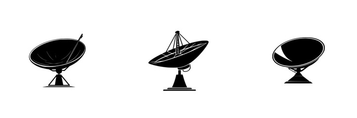 Collection of flat black satellite dish icons in various positions showcasing telecommunications technology