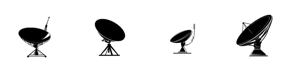 Variety of flat black satellite dish icons representing different sizes and styles for communication technology