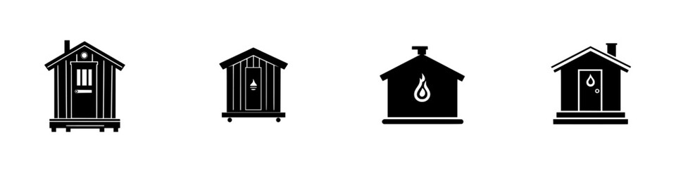 Collection of flat black icons representing various types of houses and structures for architectural design