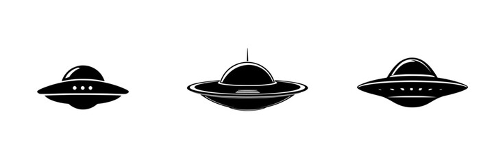 Stylized flat black icon design of three distinct UFOs showcasing varying shapes and features in a simple graphic representation © Andrei