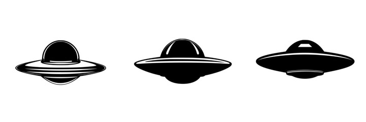 Flat black icons of three different UFO designs featuring sleek shapes and circular elements for creative projects