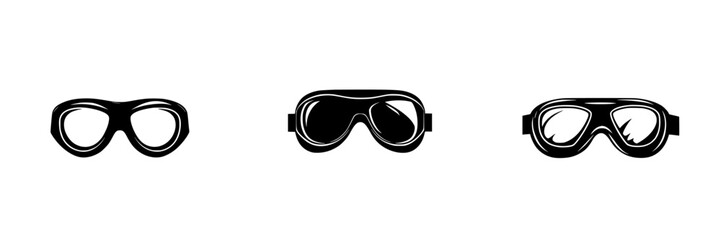 Sleek black icons representing various styles of goggles suitable for sports and water activities