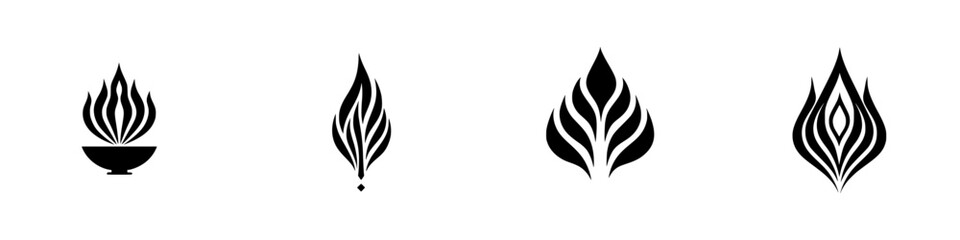 Elegant black icons representing flames with intricate designs for use in various creative projects