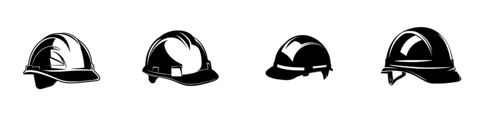 Various flat black construction helmet icons illustrating different styles and designs for safety gear used in construction environments